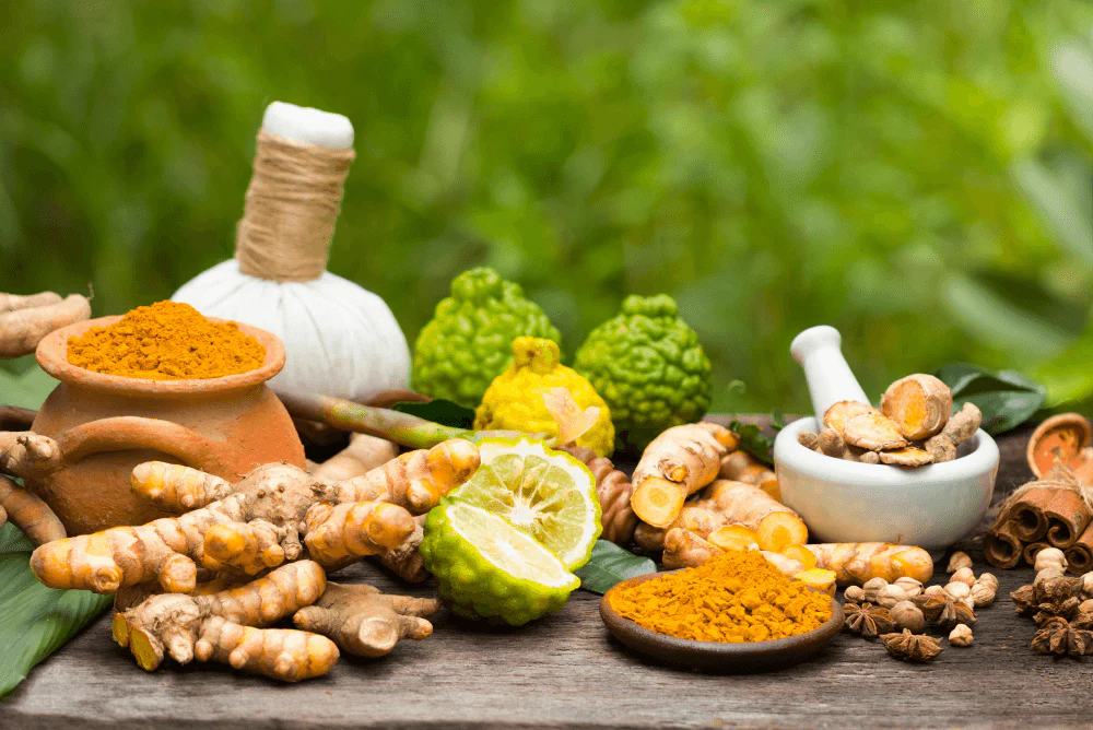 Ayurvedic herbs, powders and a mortar and pestle